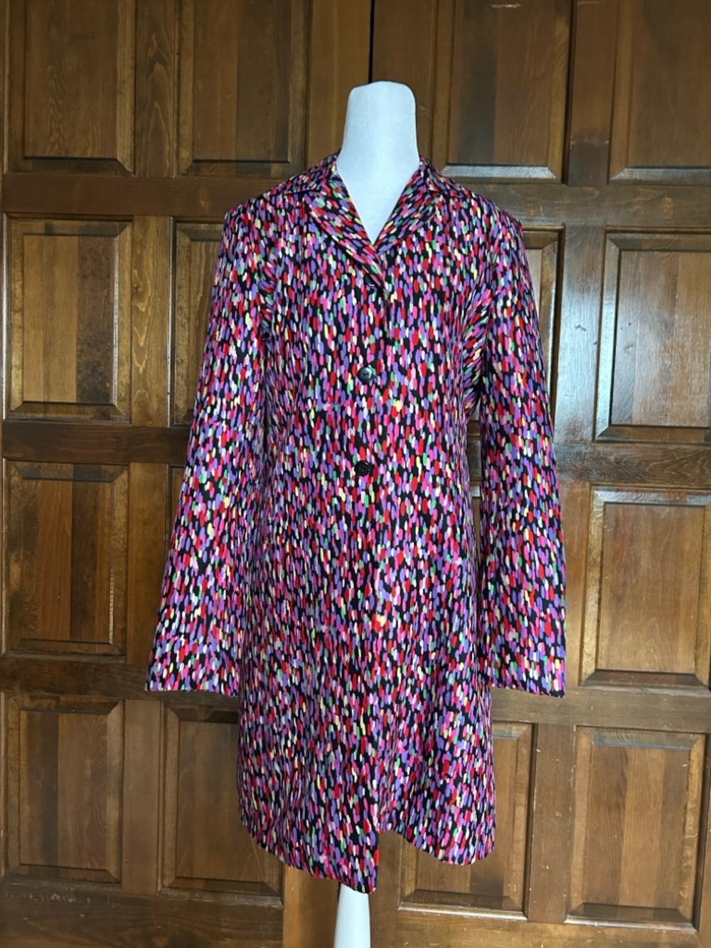 VTG Silkland 100% Silk Longline Jacket Coat Size 6 Colorful Confetti Print 90s - Picture 3 of 11